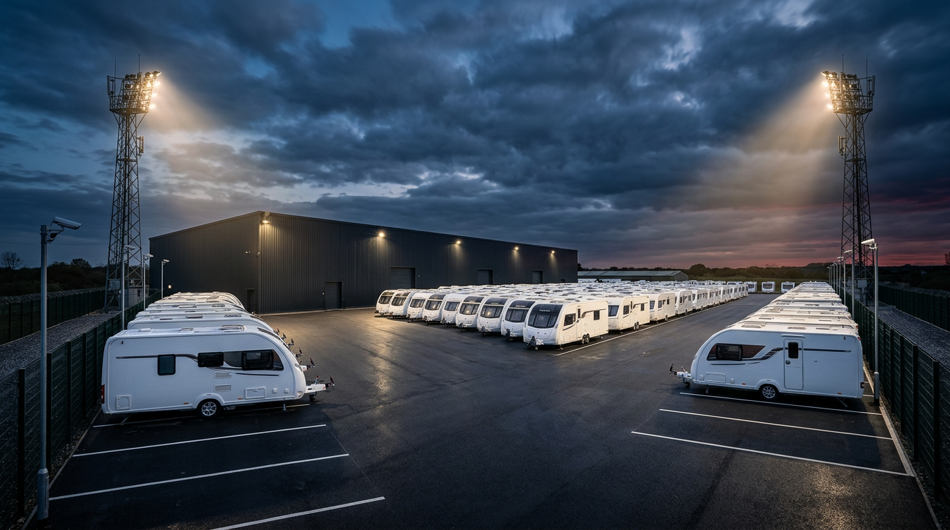 Van Haven leisure vehicle storage yard at dusk